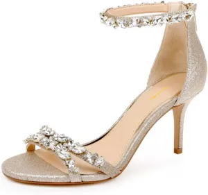 XYD Women Mid Heel Rhinestone Strappy Sandals Open Toe Ankle Strap Prom Evening Party Dressy Shoes