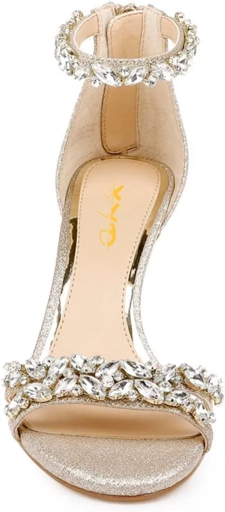 XYD Women Mid Heel Rhinestone Strappy Sandals Open Toe Ankle Strap Prom Evening Party Dressy Shoes