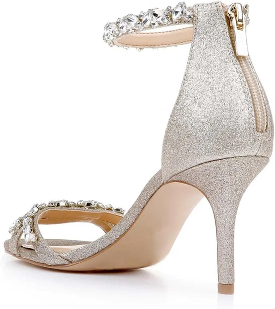 XYD Women Mid Heel Rhinestone Strappy Sandals Open Toe Ankle Strap Prom Evening Party Dressy Shoes