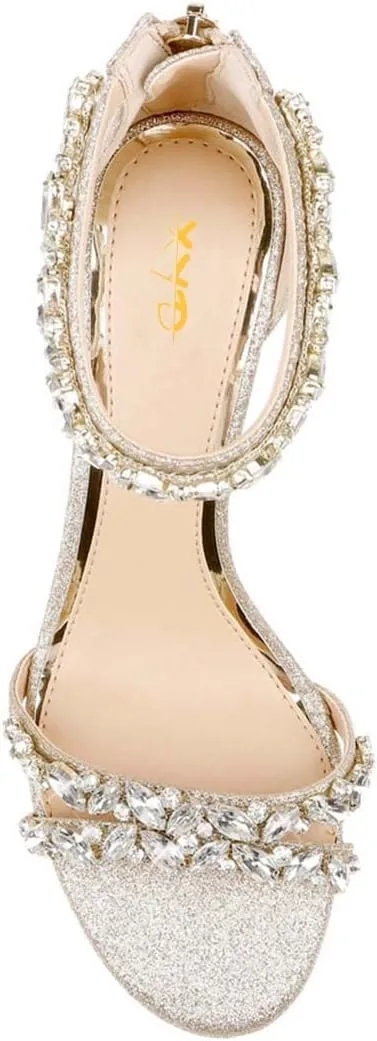 XYD Women Mid Heel Rhinestone Strappy Sandals Open Toe Ankle Strap Prom Evening Party Dressy Shoes