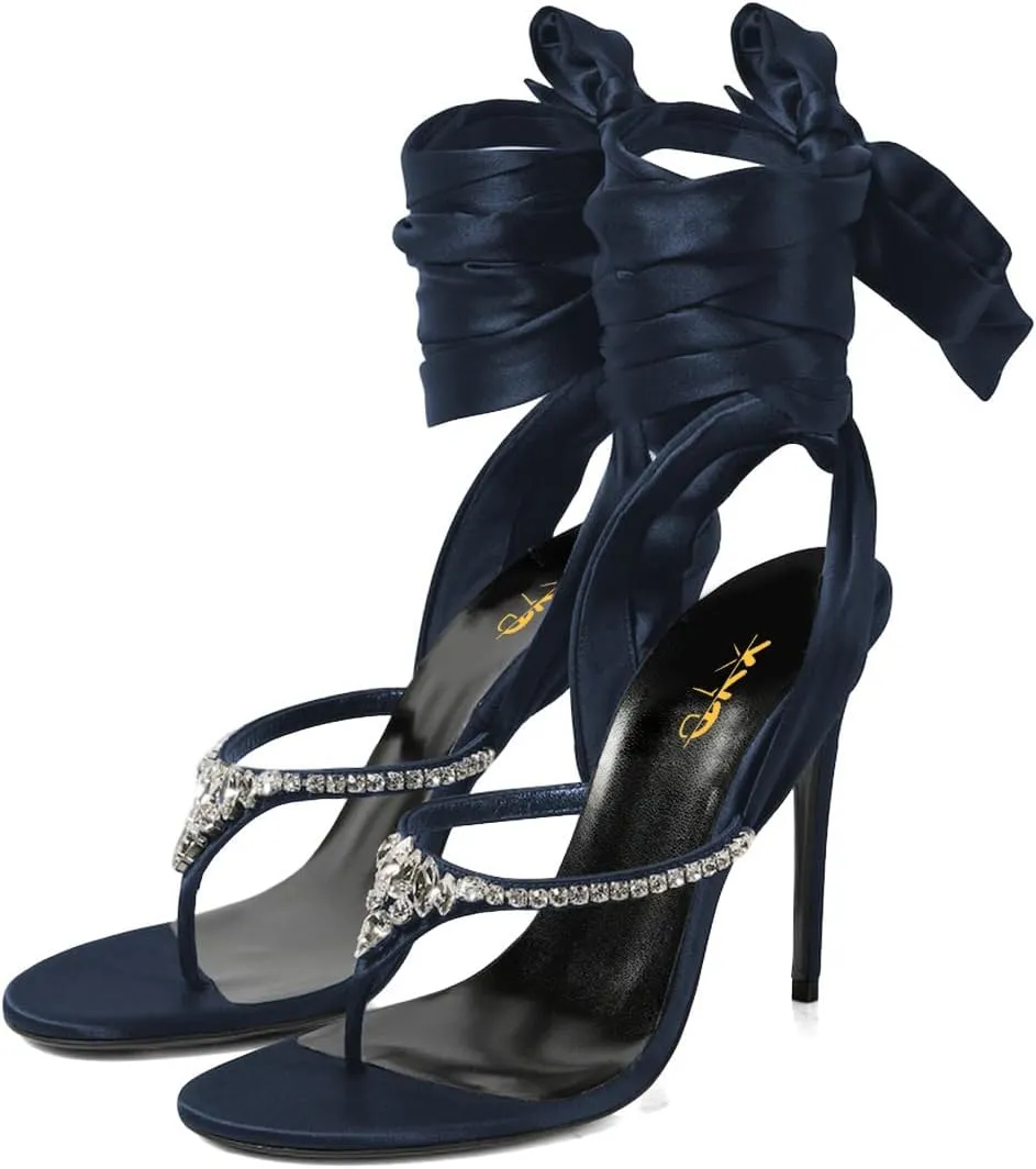 XYD Women Open Split Toe Lace-up Ankle Strappy Sandals Rhinestones Studded Thong High Heels Evening Shoes