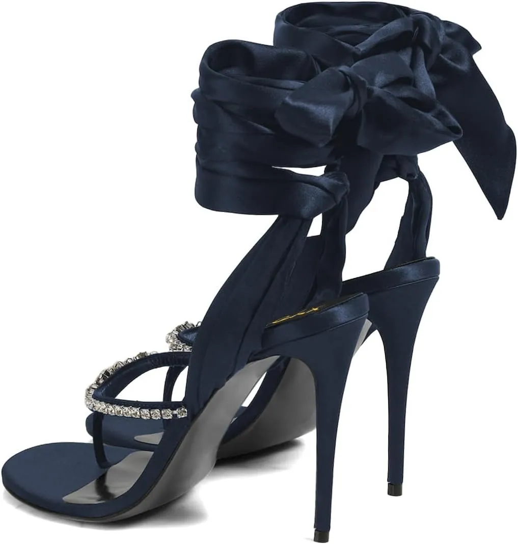 XYD Women Open Split Toe Lace-up Ankle Strappy Sandals Rhinestones Studded Thong High Heels Evening Shoes