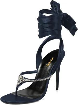 XYD Women Open Split Toe Lace-up Ankle Strappy Sandals Rhinestones Studded Thong High Heels Evening Shoes