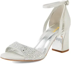 XYD Women Open Toe Bridal Wedding Sandals Shiny Crystals Block Low Heels Ankle Strap Pumps with Buckle Dress Shoes
