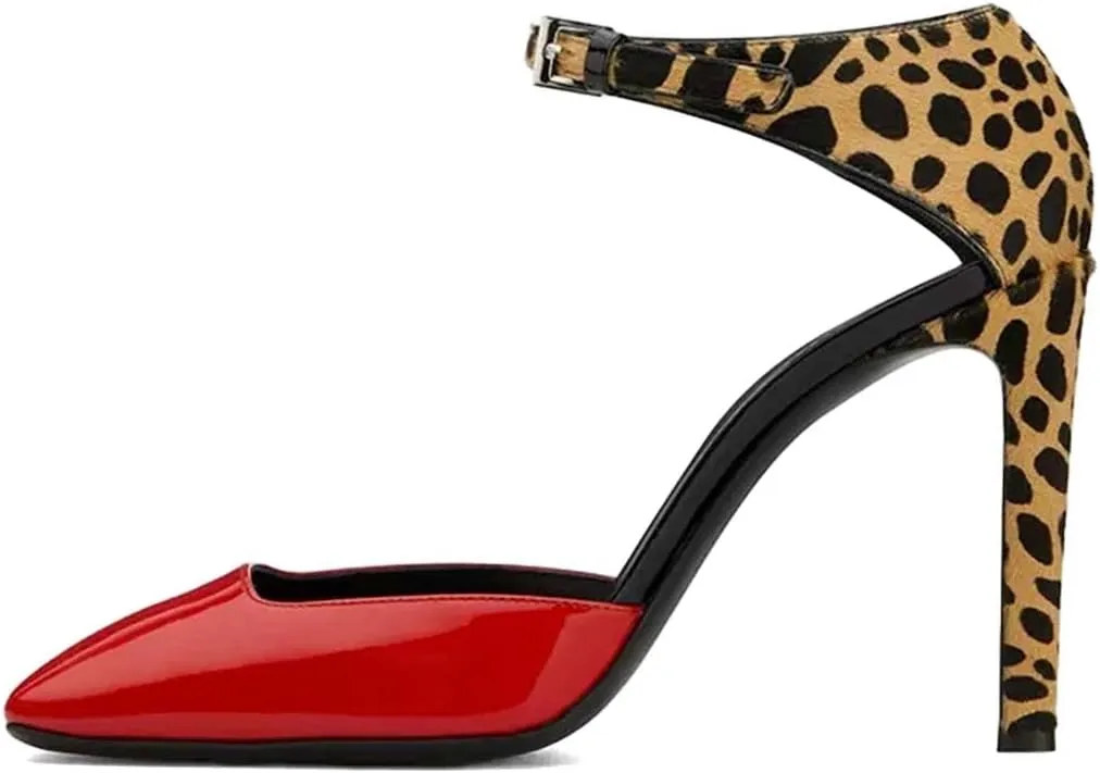 XYD Women Patent Leather Square Toe Pumps Ankle Strap Animal Print High Heel Sandals Party Club Dress Shoes