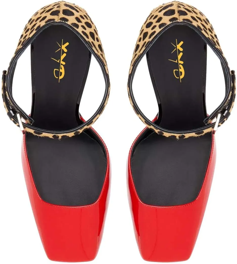 XYD Women Patent Leather Square Toe Pumps Ankle Strap Animal Print High Heel Sandals Party Club Dress Shoes