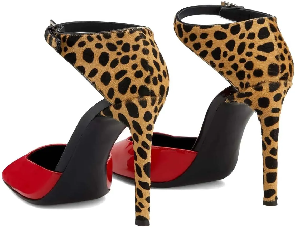 XYD Women Patent Leather Square Toe Pumps Ankle Strap Animal Print High Heel Sandals Party Club Dress Shoes