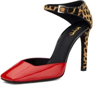 XYD Women Patent Leather Square Toe Pumps Ankle Strap Animal Print High Heel Sandals Party Club Dress Shoes
