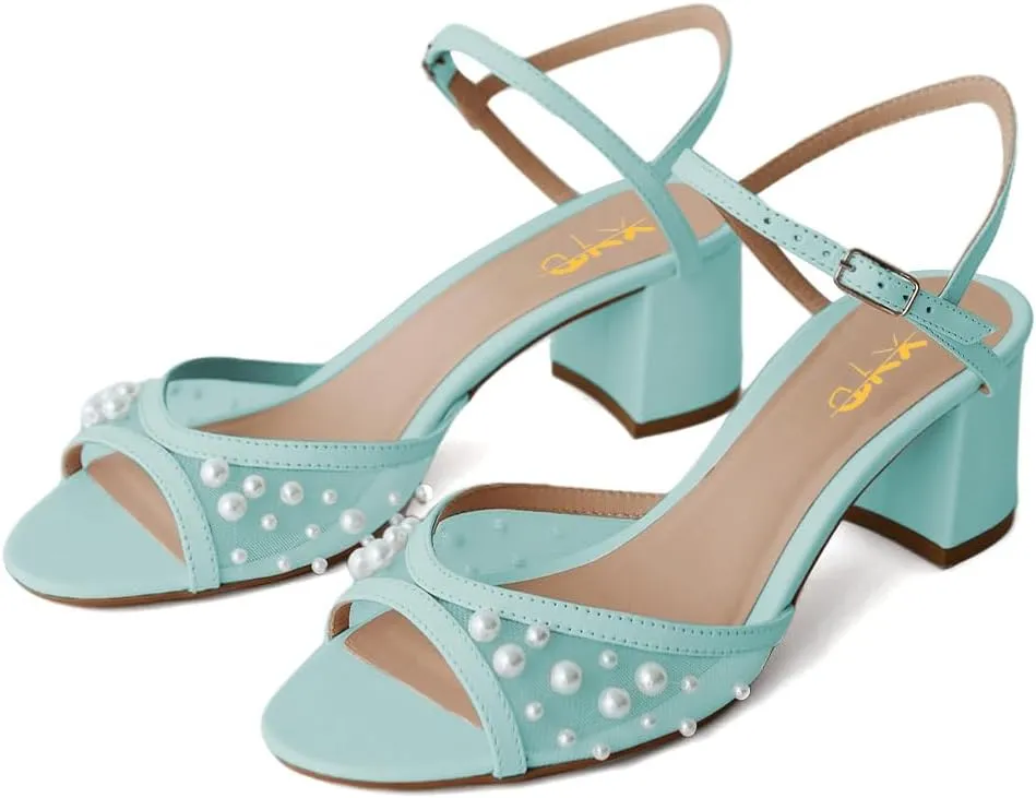 XYD Women Pearls Open Toe Block Sandals Ankle Strap with Buckle Mid Low Heel Pumps Summer Dating Casual Shoes