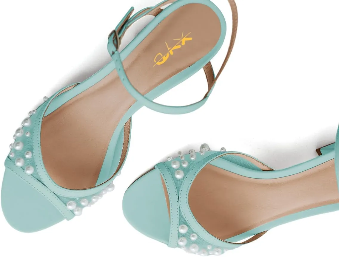 XYD Women Pearls Open Toe Block Sandals Ankle Strap with Buckle Mid Low Heel Pumps Summer Dating Casual Shoes