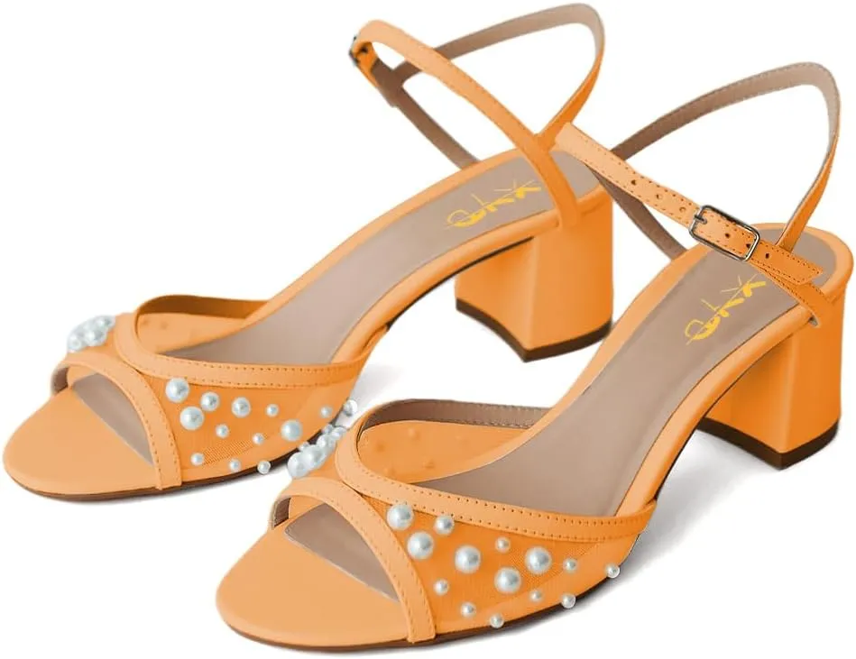 XYD Women Pearls Open Toe Block Sandals Ankle Strap with Buckle Mid Low Heel Pumps Summer Dating Casual Shoes