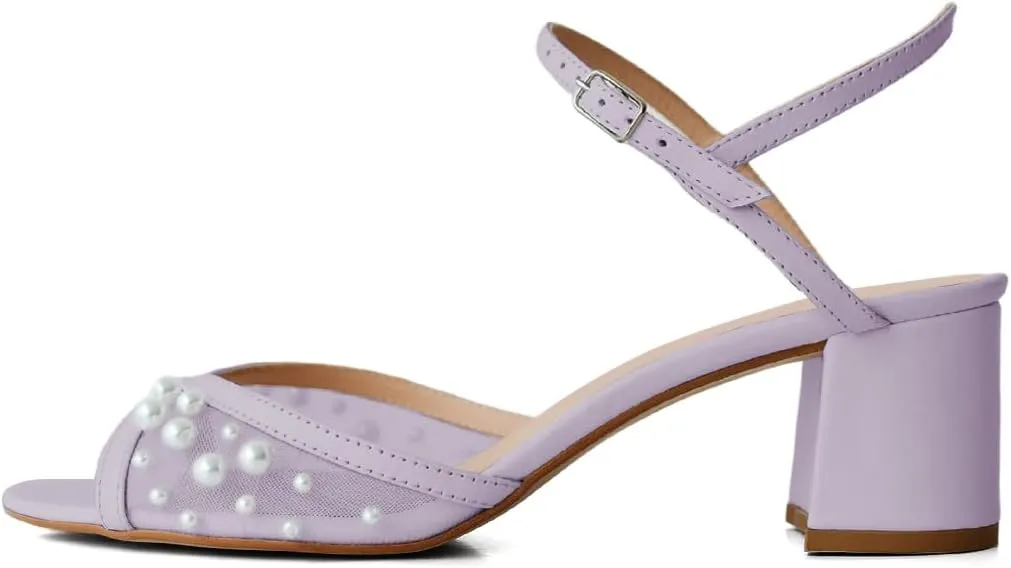 XYD Women Pearls Open Toe Block Sandals Ankle Strap with Buckle Mid Low Heel Pumps Summer Dating Casual Shoes