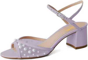 XYD Women Pearls Open Toe Block Sandals Ankle Strap with Buckle Mid Low Heel Pumps Summer Dating Casual Shoes