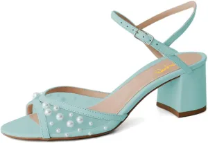 XYD Women Pearls Open Toe Block Sandals Ankle Strap with Buckle Mid Low Heel Pumps Summer Dating Casual Shoes