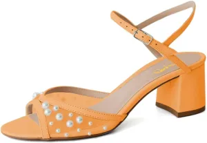 XYD Women Pearls Open Toe Block Sandals Ankle Strap with Buckle Mid Low Heel Pumps Summer Dating Casual Shoes