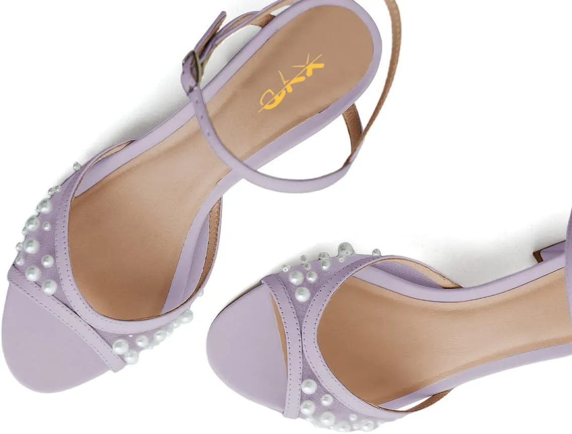 XYD Women Pearls Open Toe Block Sandals Ankle Strap with Buckle Mid Low Heel Pumps Summer Dating Casual Shoes