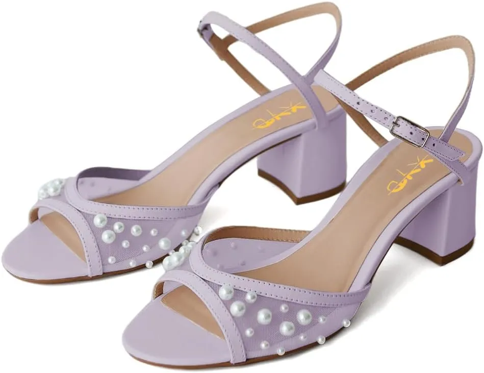 XYD Women Pearls Open Toe Block Sandals Ankle Strap with Buckle Mid Low Heel Pumps Summer Dating Casual Shoes