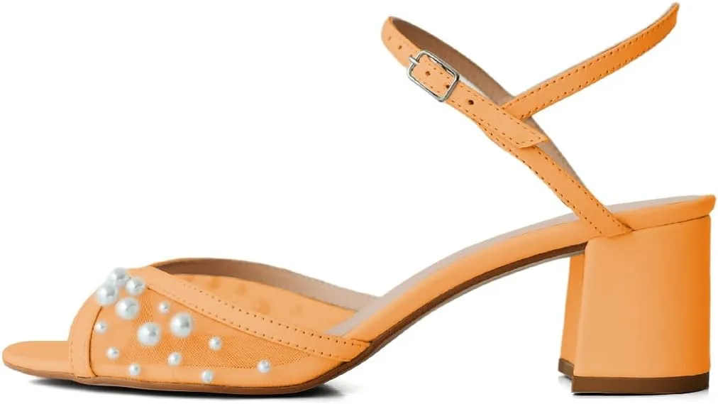 XYD Women Pearls Open Toe Block Sandals Ankle Strap with Buckle Mid Low Heel Pumps Summer Dating Casual Shoes