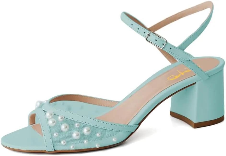 XYD Women Pearls Open Toe Block Sandals Ankle Strap with Buckle Mid Low Heel Pumps Summer Dating Casual Shoes