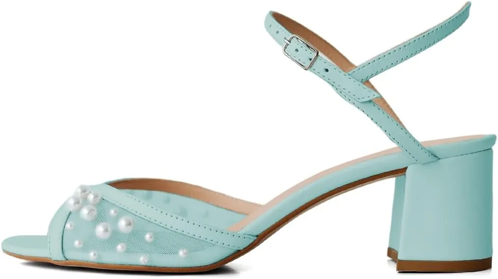 XYD Women Pearls Open Toe Block Sandals Ankle Strap with Buckle Mid Low Heel Pumps Summer Dating Casual Shoes