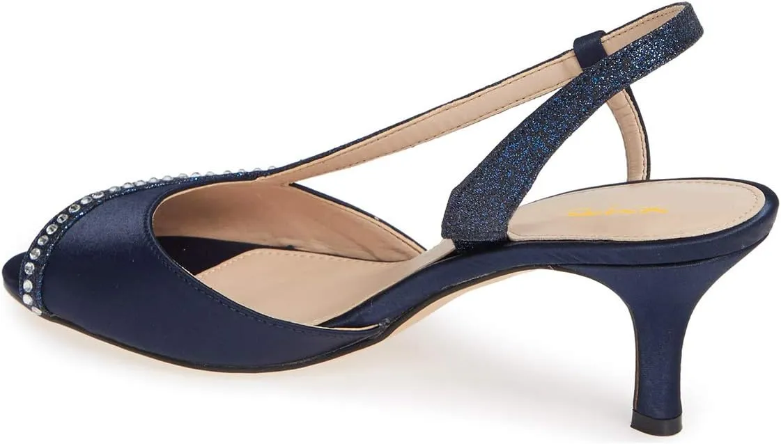 XYD Women Peep Toe Low Heel Sandals Glitter Studded Strap Pleats Slingbacks Wedding Dressy Shoes