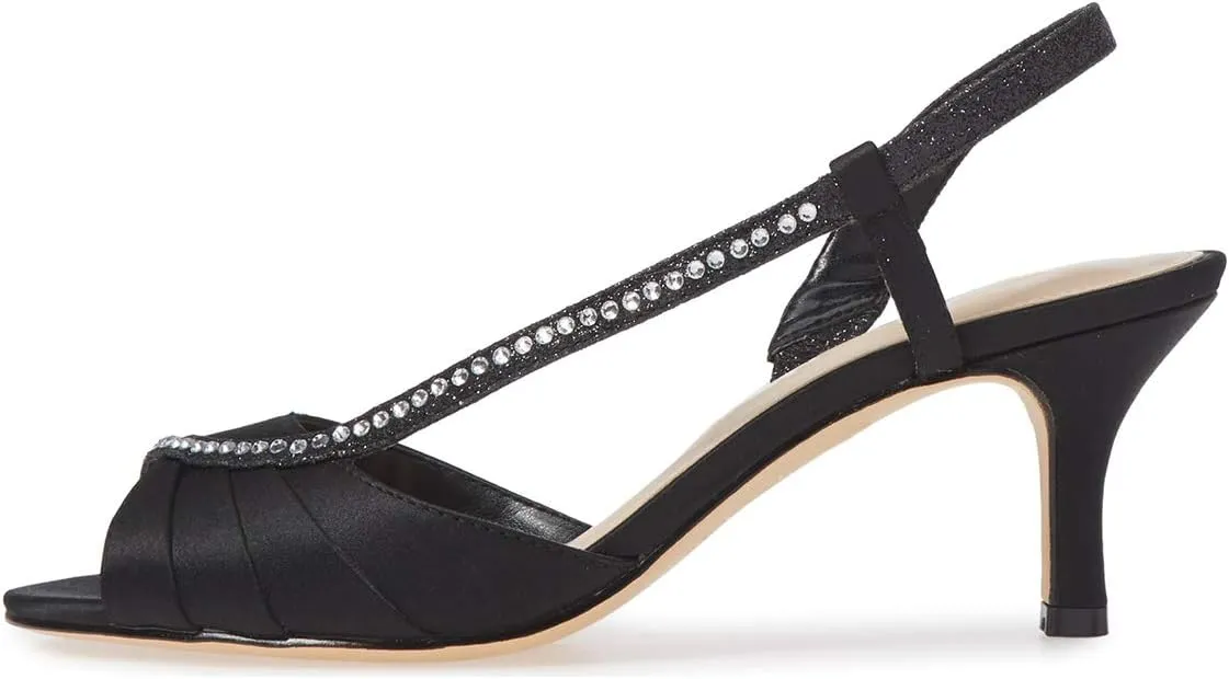 XYD Women Peep Toe Low Heel Sandals Glitter Studded Strap Pleats Slingbacks Wedding Dressy Shoes