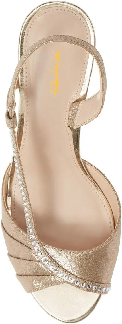 XYD Women Peep Toe Low Heel Sandals Glitter Studded Strap Pleats Slingbacks Wedding Dressy Shoes