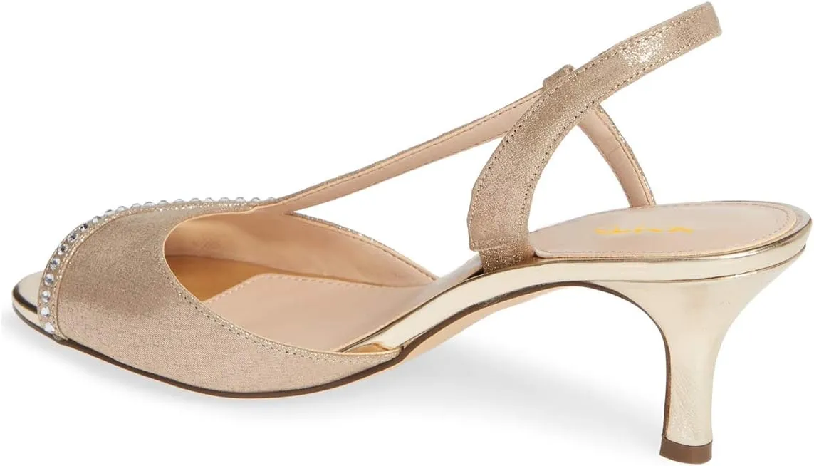 XYD Women Peep Toe Low Heel Sandals Glitter Studded Strap Pleats Slingbacks Wedding Dressy Shoes
