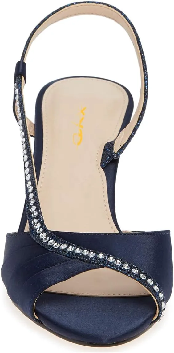 XYD Women Peep Toe Low Heel Sandals Glitter Studded Strap Pleats Slingbacks Wedding Dressy Shoes
