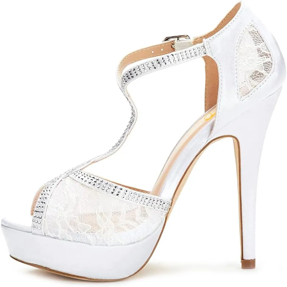 XYD Women Peep Toe Sexy Lace Crystals High Heels Platform Sandals Twining Straps Wedding Ceremony Bride Shoes