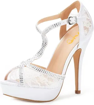 XYD Women Peep Toe Sexy Lace Crystals High Heels Platform Sandals Twining Straps Wedding Ceremony Bride Shoes