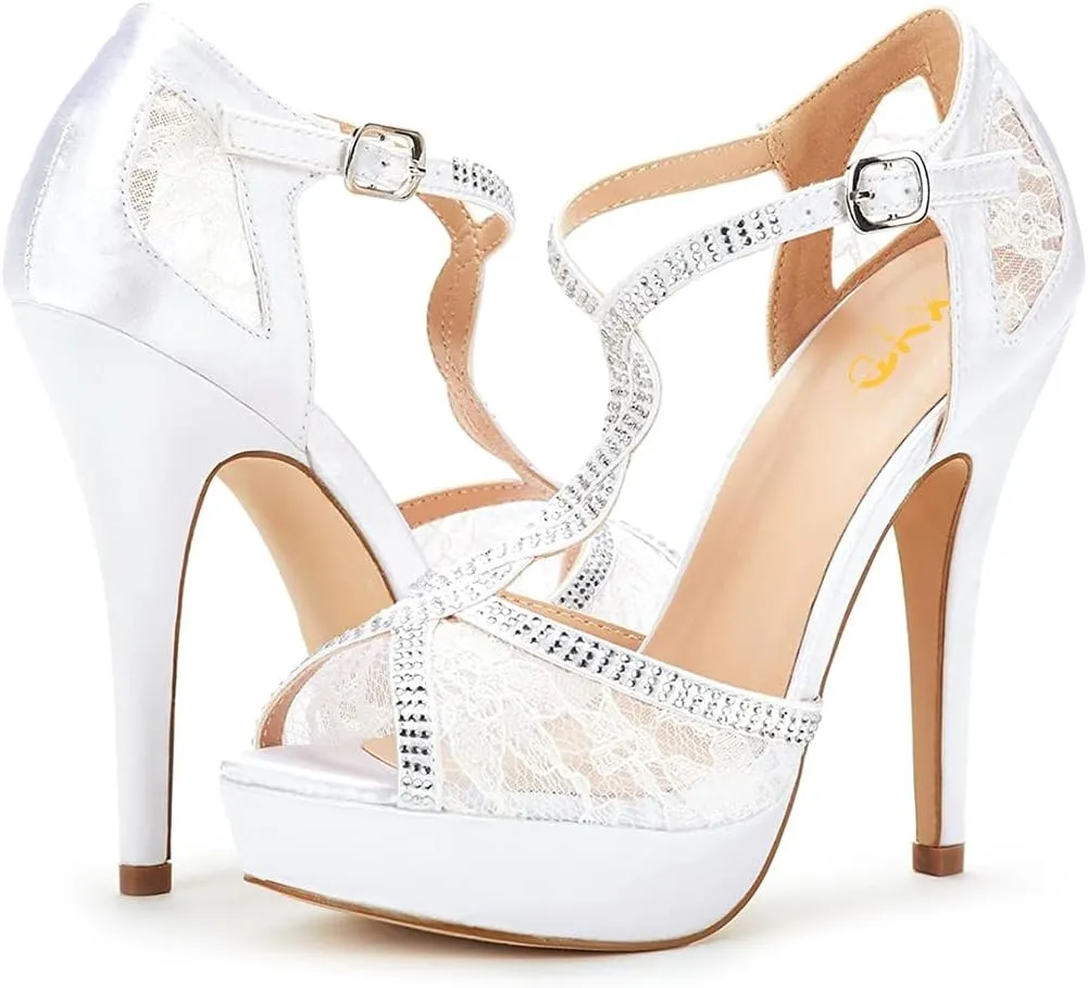 XYD Women Peep Toe Sexy Lace Crystals High Heels Platform Sandals Twining Straps Wedding Ceremony Bride Shoes