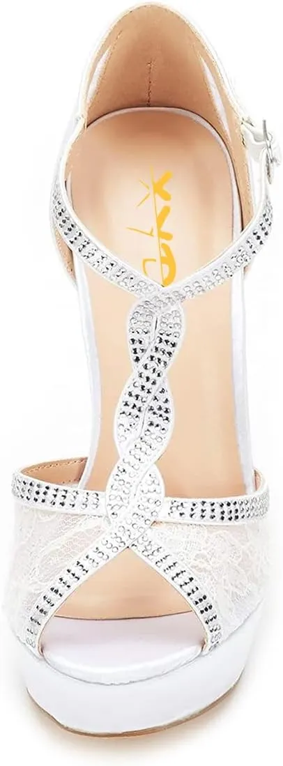 XYD Women Peep Toe Sexy Lace Crystals High Heels Platform Sandals Twining Straps Wedding Ceremony Bride Shoes