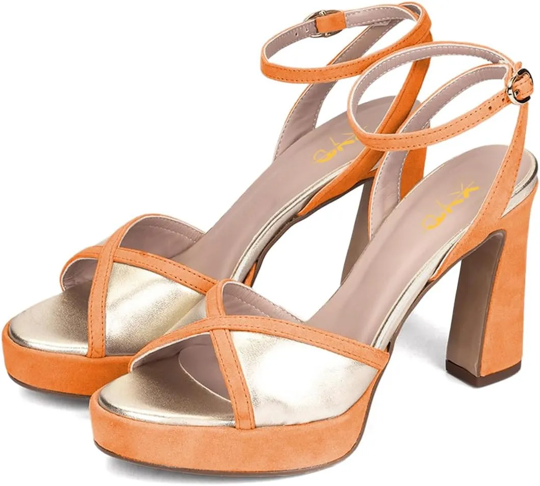 XYD Women Platform Open Toe High Heel Block Sandals Ankle Buckled Strap Two-toned Evening Party Pumps Shoes