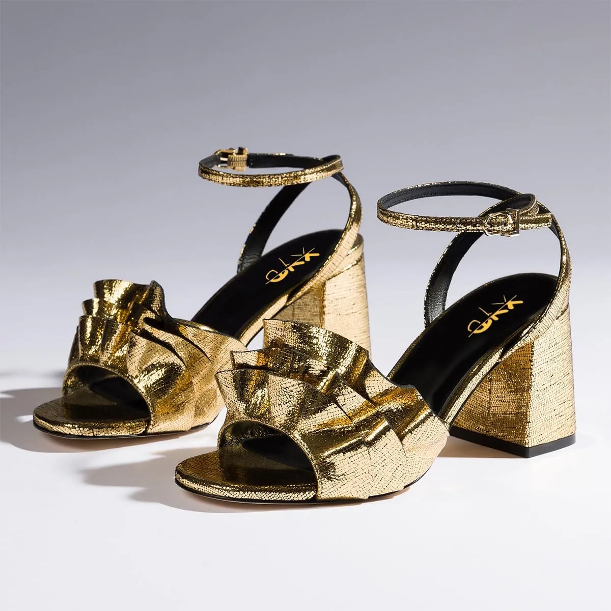 XYD Women Pleated Ruffles Sandals Open Toe Ankle Strap Block Mid Heel Pumps Summer Party Date Shoes