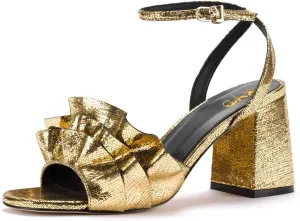 XYD Women Pleated Ruffles Sandals Open Toe Ankle Strap Block Mid Heel Pumps Summer Party Date Shoes
