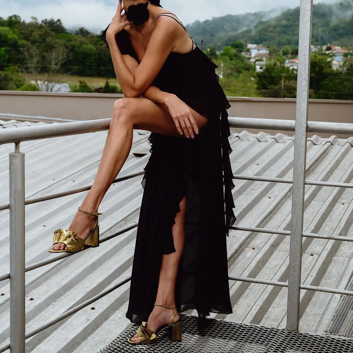 XYD Women Pleated Ruffles Sandals Open Toe Ankle Strap Block Mid Heel Pumps Summer Party Date Shoes