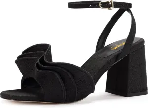XYD Women Pleated Ruffles Sandals Open Toe Ankle Strap Block Mid Heel Pumps Summer Party Date Shoes