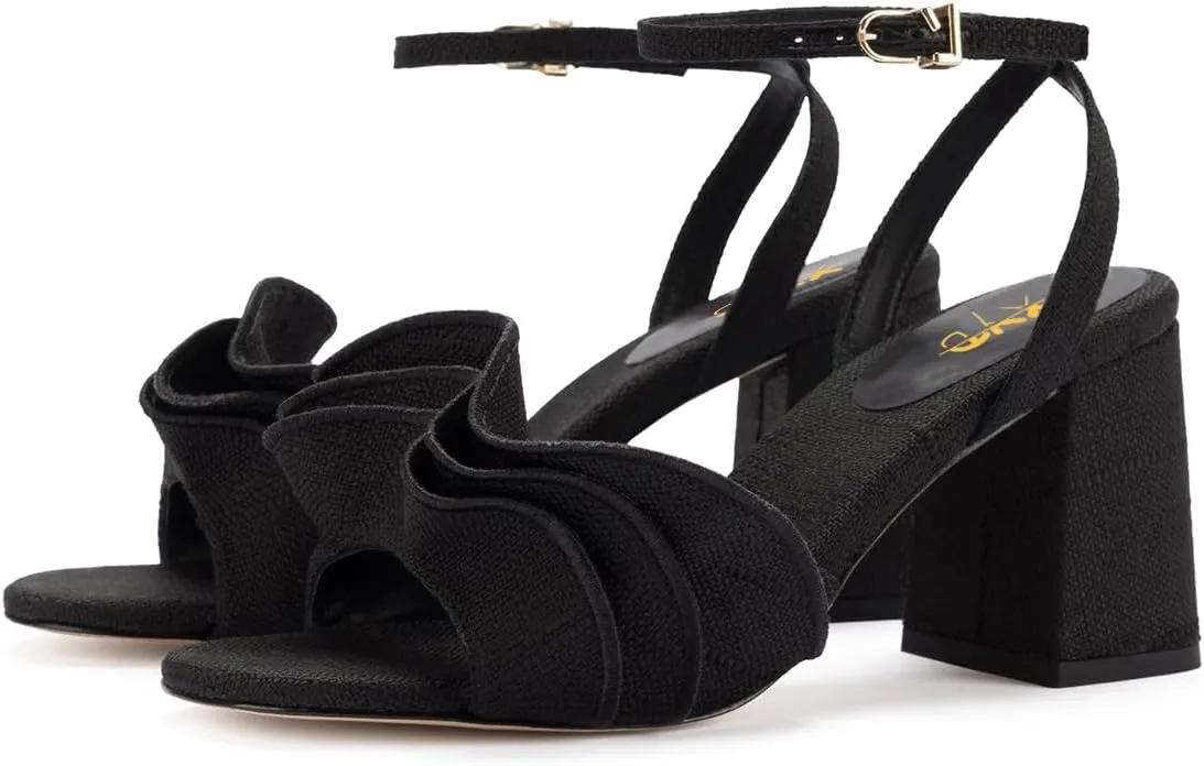 XYD Women Pleated Ruffles Sandals Open Toe Ankle Strap Block Mid Heel Pumps Summer Party Date Shoes