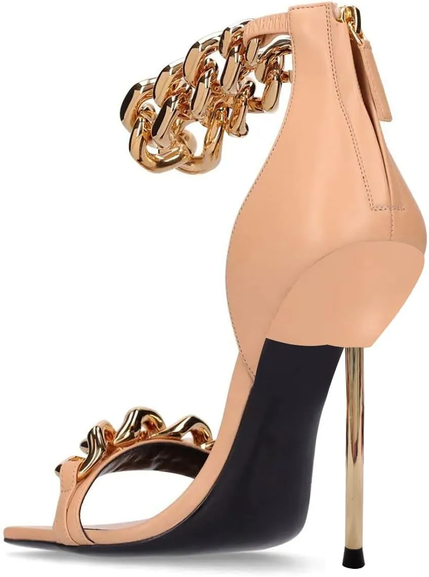 XYD Women Sexy Stiletto Sandals Open Square Toe High Heels Metal Ankle Chain Strap Back Zip Chic Nightclub Shoes