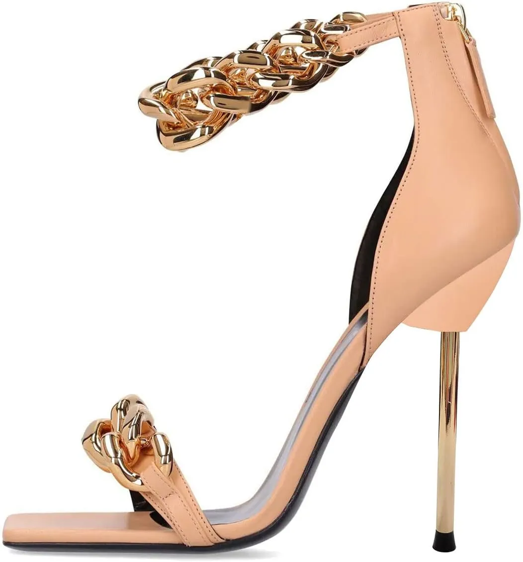 XYD Women Sexy Stiletto Sandals Open Square Toe High Heels Metal Ankle Chain Strap Back Zip Chic Nightclub Shoes
