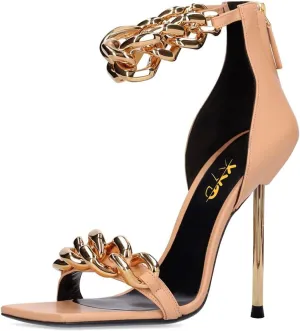 XYD Women Sexy Stiletto Sandals Open Square Toe High Heels Metal Ankle Chain Strap Back Zip Chic Nightclub Shoes