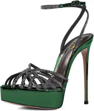 XYD Women Sexy Stilettos Platform Sandals Pointed Caged Peep Toe Crystal Straps High Heel Pumps Party Fashion Shoes