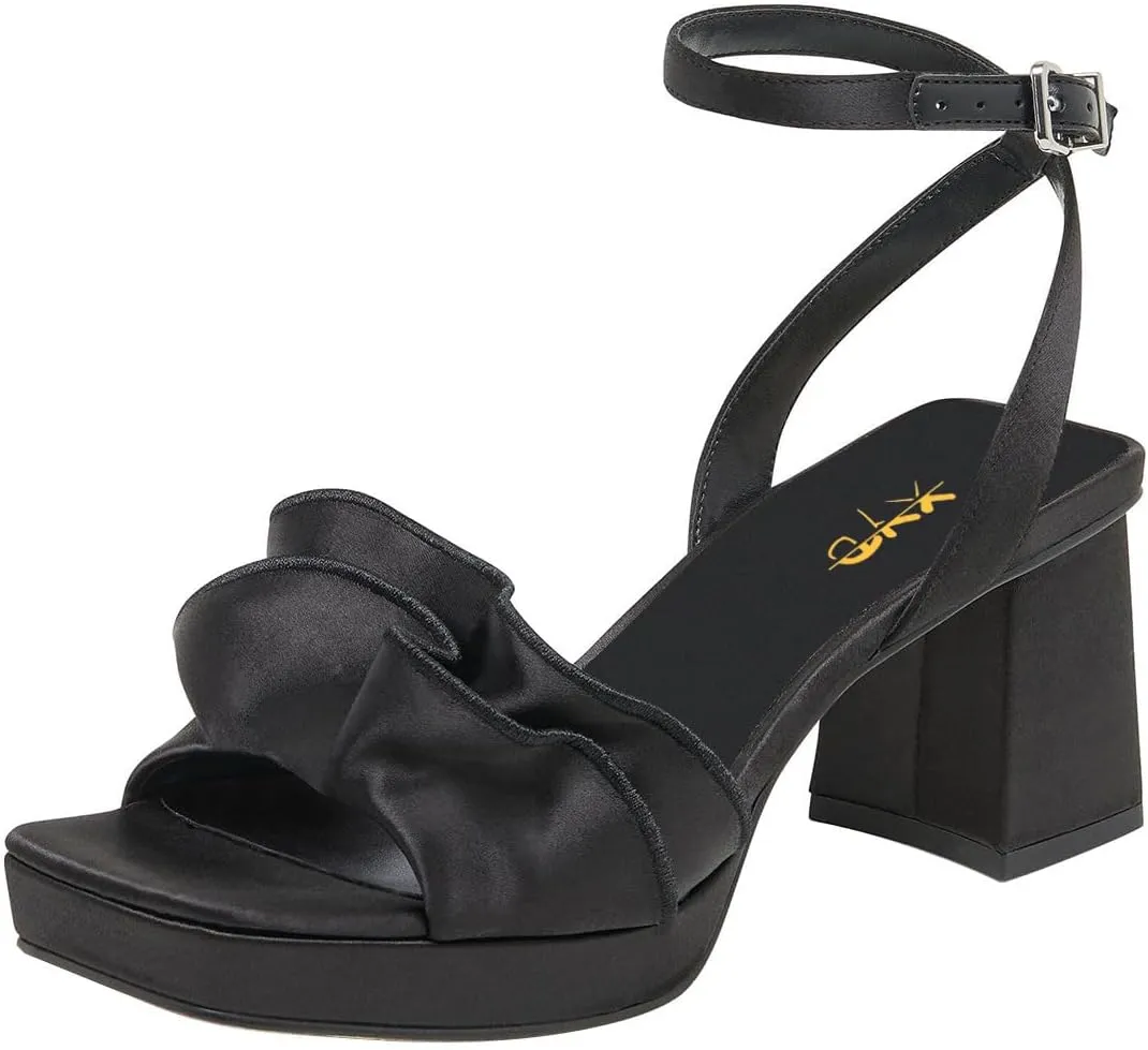 XYD Women Square Open Toe Ruffle Sandals Chunky Block Heels Platform Pumps Ankle Strap Dress Date Shoes
