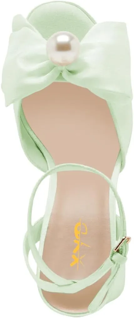 XYD Women Sweet Bow Platform Sandals with Pearl Open Toe Bridal Block Heels Ankle Strap Wedding Prom Satin Dress Shoes