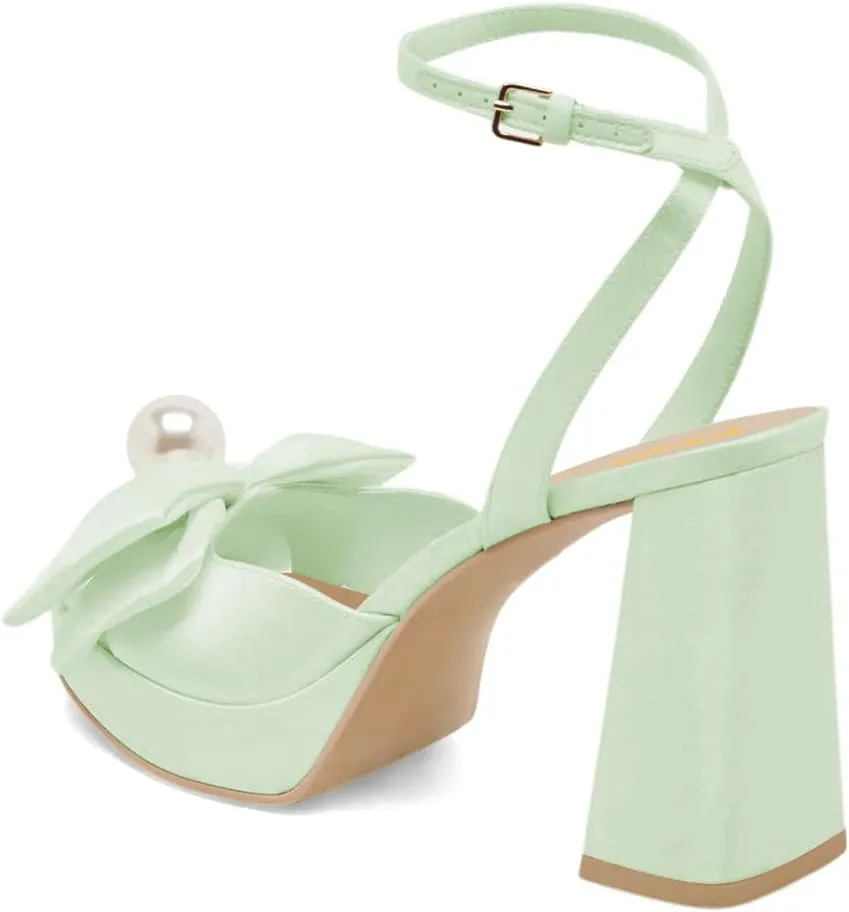 XYD Women Sweet Bow Platform Sandals with Pearl Open Toe Bridal Block Heels Ankle Strap Wedding Prom Satin Dress Shoes