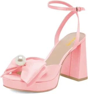 XYD Women Sweet Bow Platform Sandals with Pearl Open Toe Bridal Block Heels Ankle Strap Wedding Prom Satin Dress Shoes