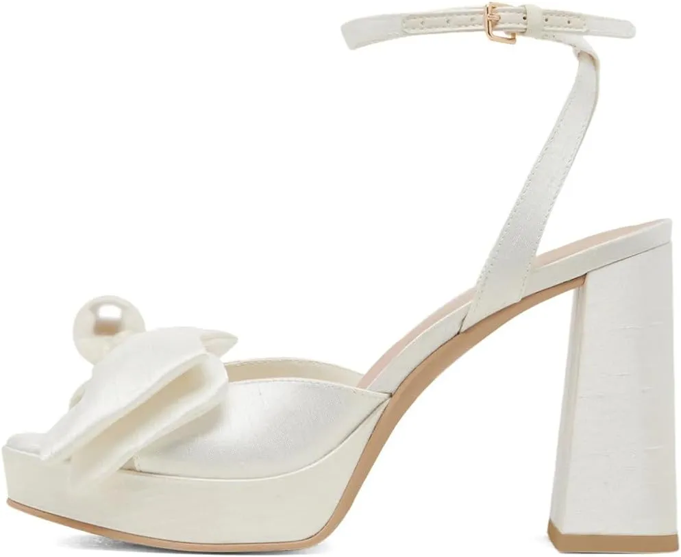XYD Women Sweet Bow Platform Sandals with Pearl Open Toe Bridal Block Heels Ankle Strap Wedding Prom Satin Dress Shoes
