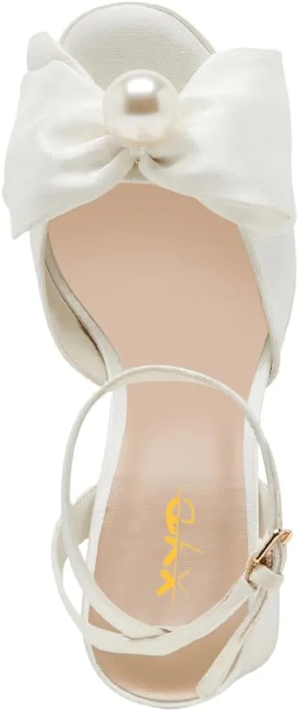 XYD Women Sweet Bow Platform Sandals with Pearl Open Toe Bridal Block Heels Ankle Strap Wedding Prom Satin Dress Shoes