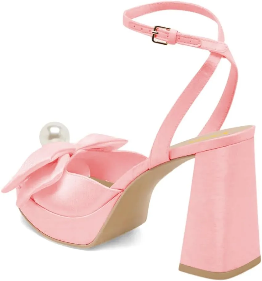 XYD Women Sweet Bow Platform Sandals with Pearl Open Toe Bridal Block Heels Ankle Strap Wedding Prom Satin Dress Shoes